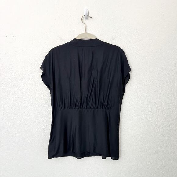 [Icelandic Design] Black Surplice Wrap Pleated Front Blouse Bamboo Silk Blend L - Picture 2 of 10